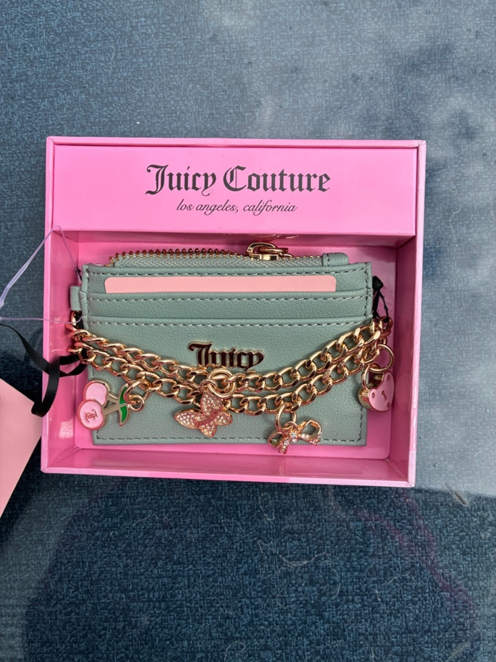 Juicy Couture Mint Green Card Holder with Gold Charm Chain